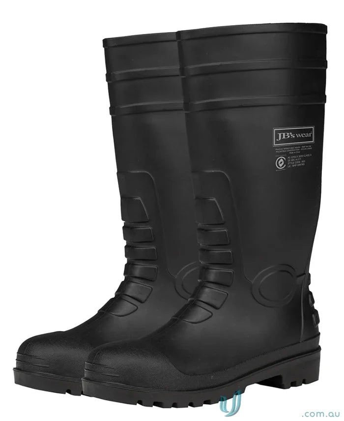 Black rubber work boots with steel toe cap and food grade safety features