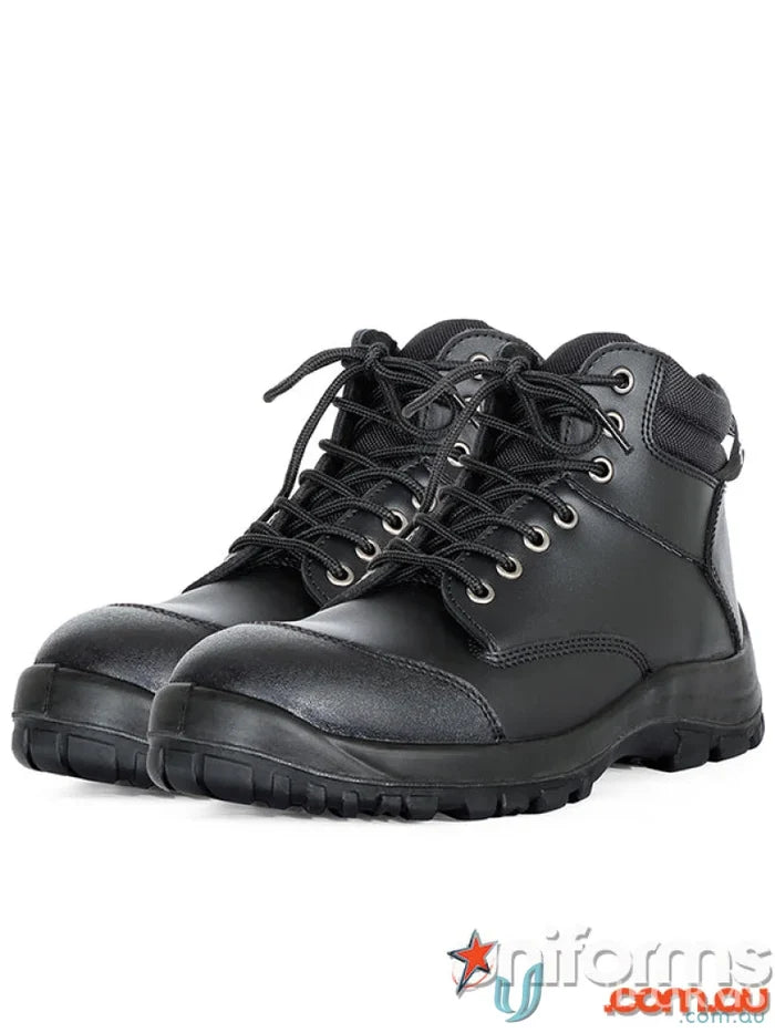 Black leather work boots with tough sole and toe for professional uniforms