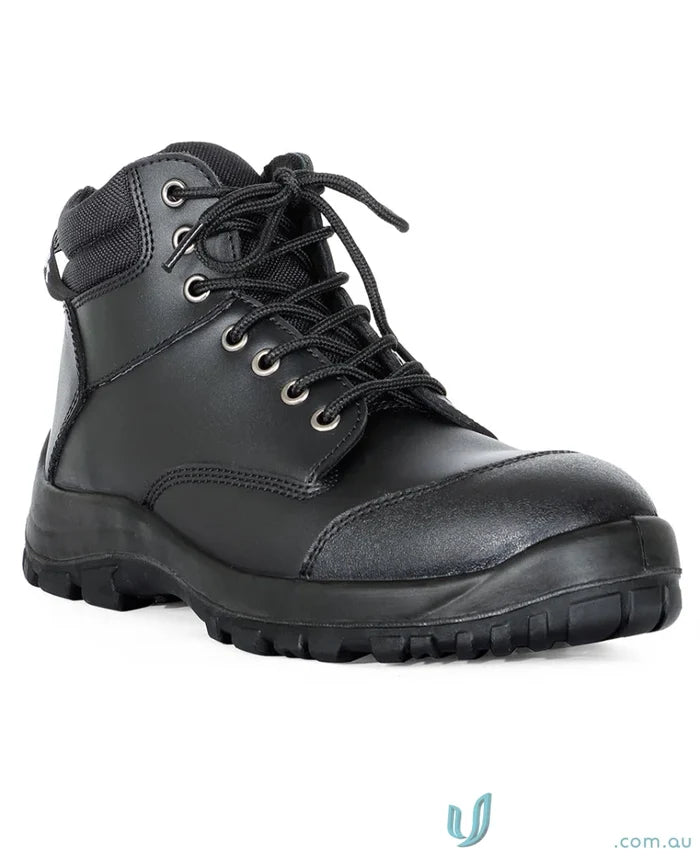 Black leather work boot with tough sole and reinforced toe from Steeler Zip Lace Up Safety Boot perfect for work uniforms