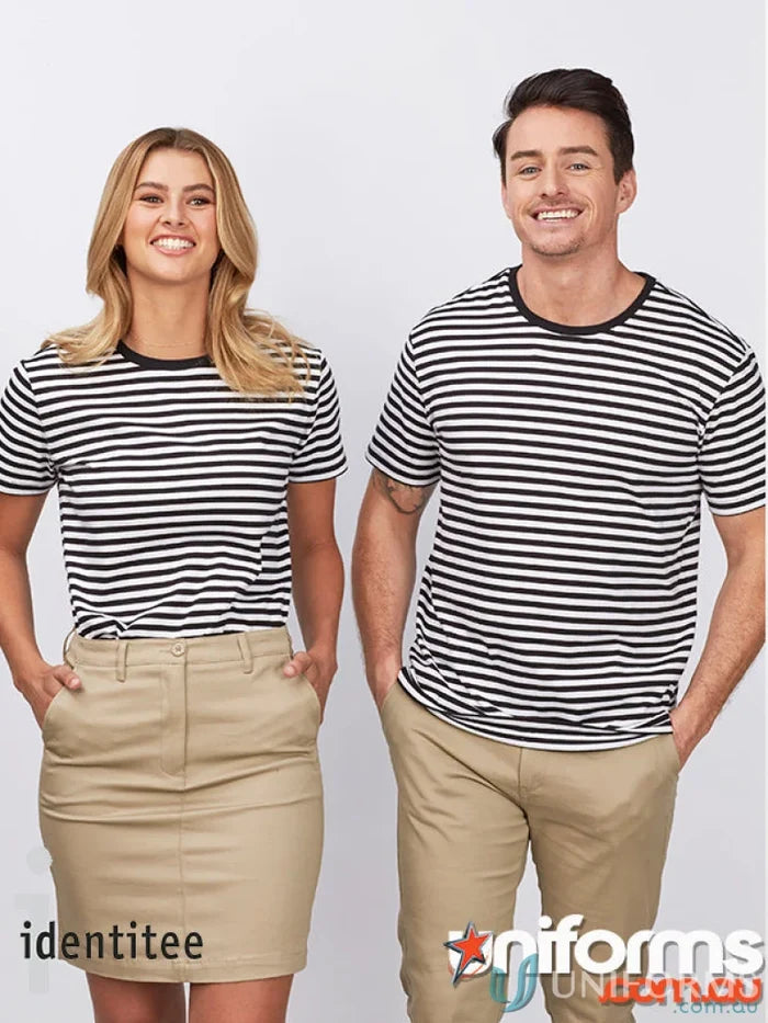 Matching black and white striped Stevie Stripe T-Shirts with khaki workwear uniforms
