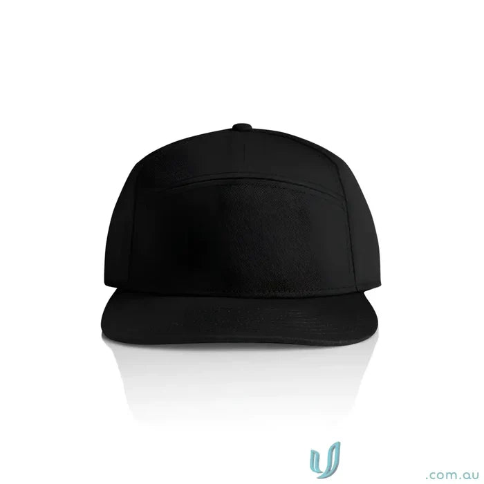Black five-panel baseball cap with flat peak and plastic snapback for a stylish look