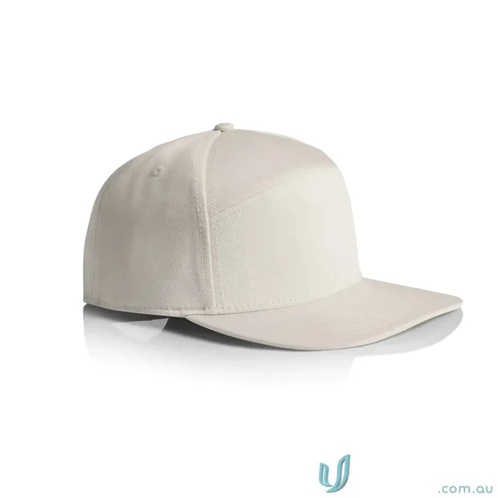 Plain off-white baseball cap with flat peak and plastic snapback for a stylish look