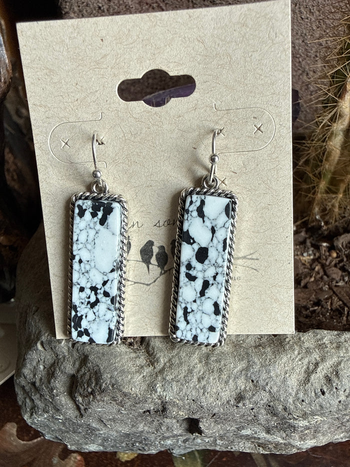 Stone fishhook earrings with rectangular white cabochons and silver-tone frames