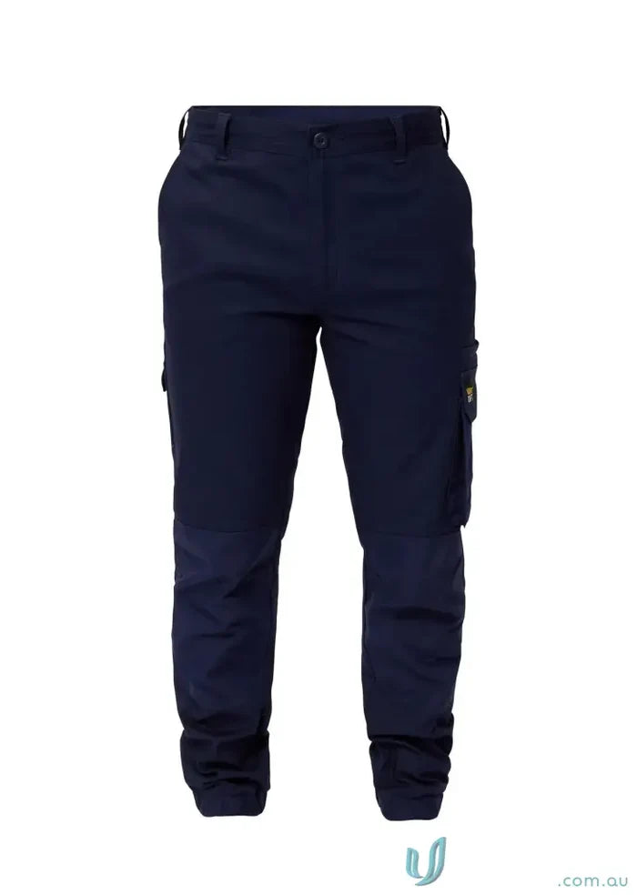 Men’s navy stretch cargo pants with reinforced stress points and elasticized hem