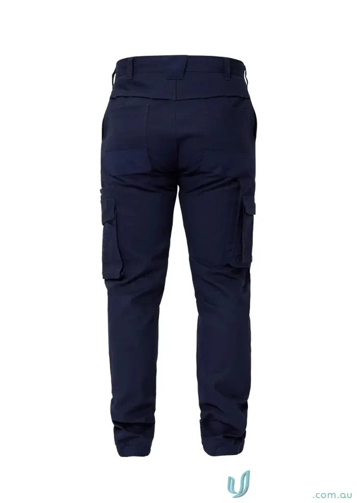Dark blue stretch cargo pants with side pockets and reinforced stress points for durability