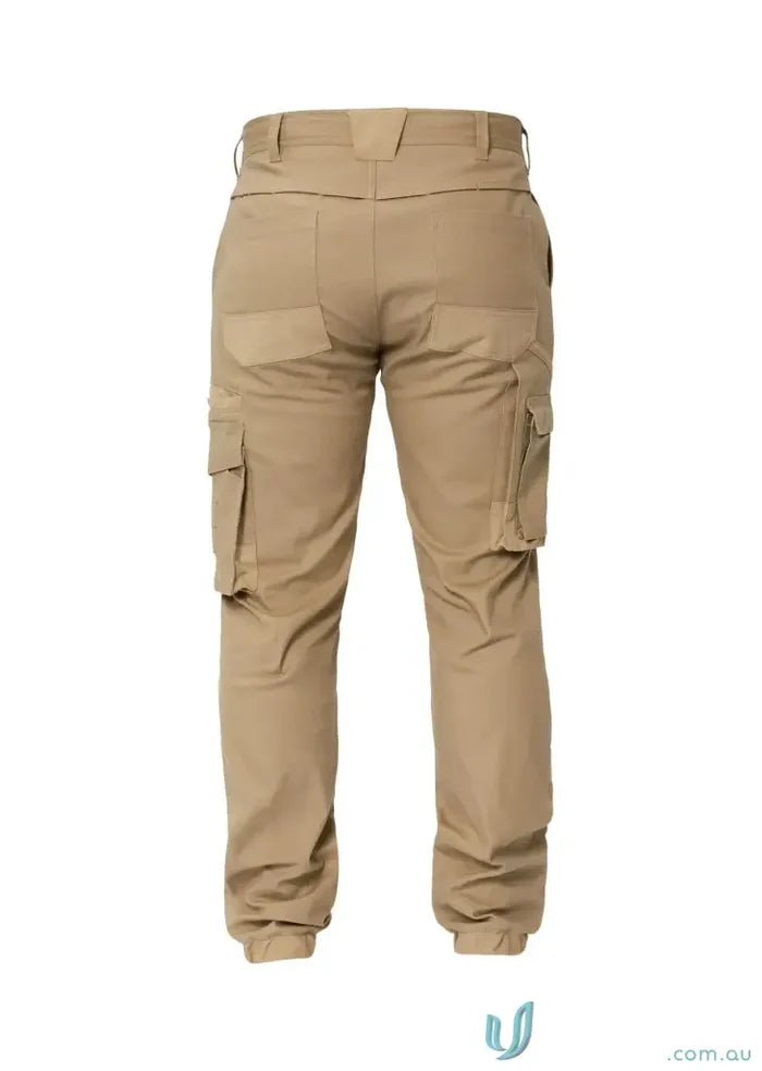 Men’s tan stretch cargo pants with multiple pockets and elasticized cuffs for work and casual wear