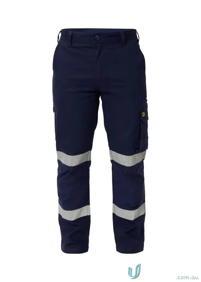 Navy blue stretch cargo pants with segmented reflective tape and cargo pockets
