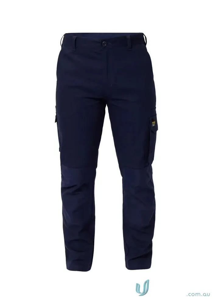 Men’s navy blue stretch cargo pants with reinforced stress points and abrasion-resistant patches