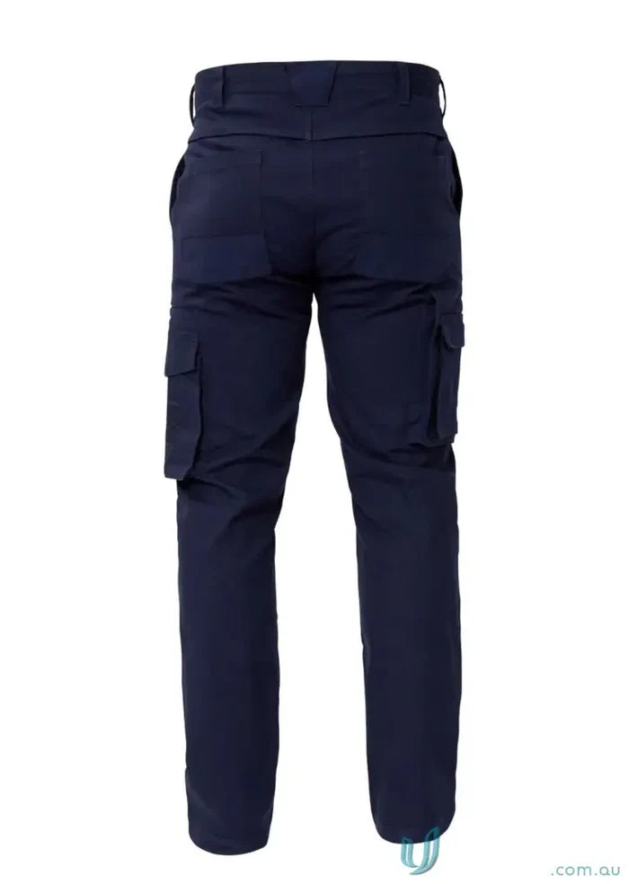 Dark blue stretch cargo pants with side pockets and reinforced stress points