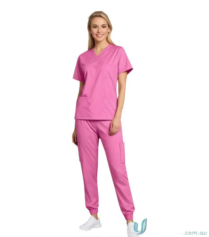Pink women’s stretch 9-pocket jogger scrub set for a comfy jumper scrub set look