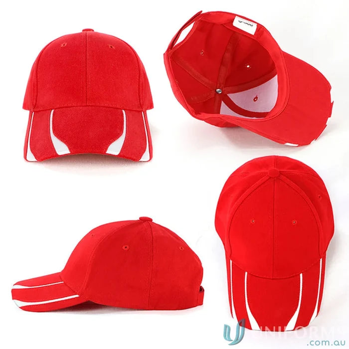 Red and white Striker Cap matching a Navy Cotton T-shirt for cool style travel look