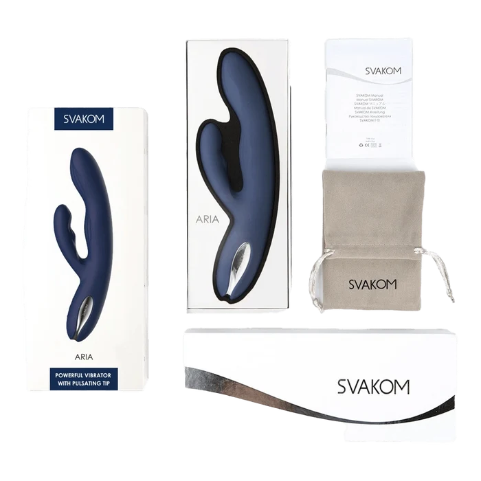 Svakom Aria blå fleksibel vibrator med tilbehør, silkepose og instruksjonshefte