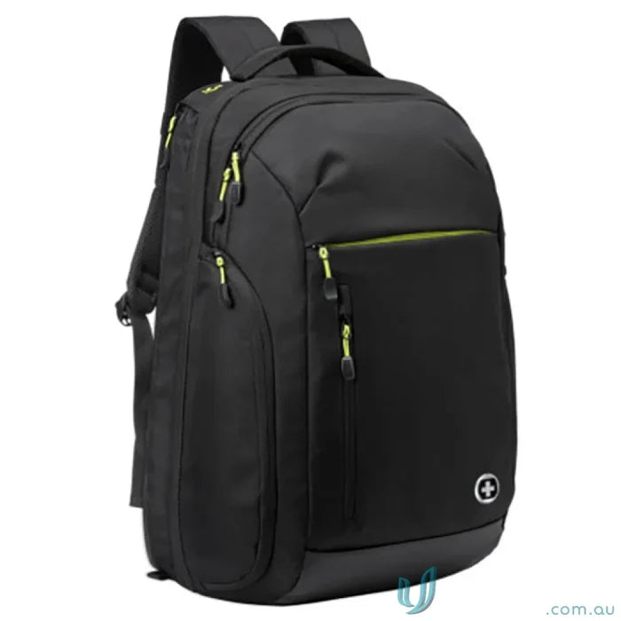Swissdigital Java Backpack black with lime green accents, padded pocket for uniforms