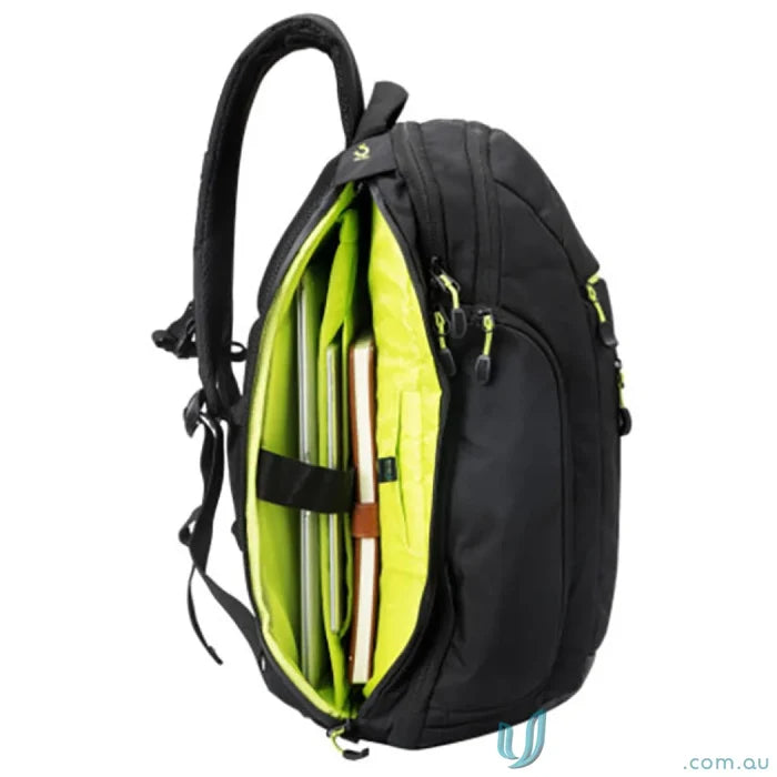 Open Swissdigital Java Backpack with padded pocket and lime green interior for uniforms
