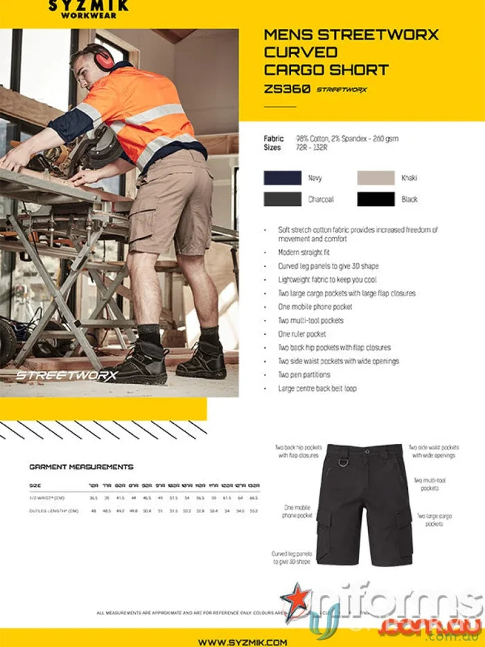 SYZMIK Men’s Streetworx Curved Cargo Shorts with dedicated mobile phone pocket