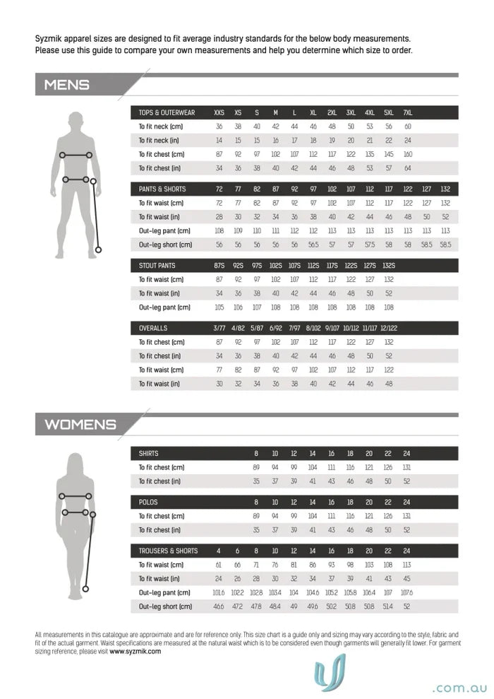 Apparel size chart for SYZMIK Streetworx Curved Cargo Short for men with dedicated mobile phone pocket