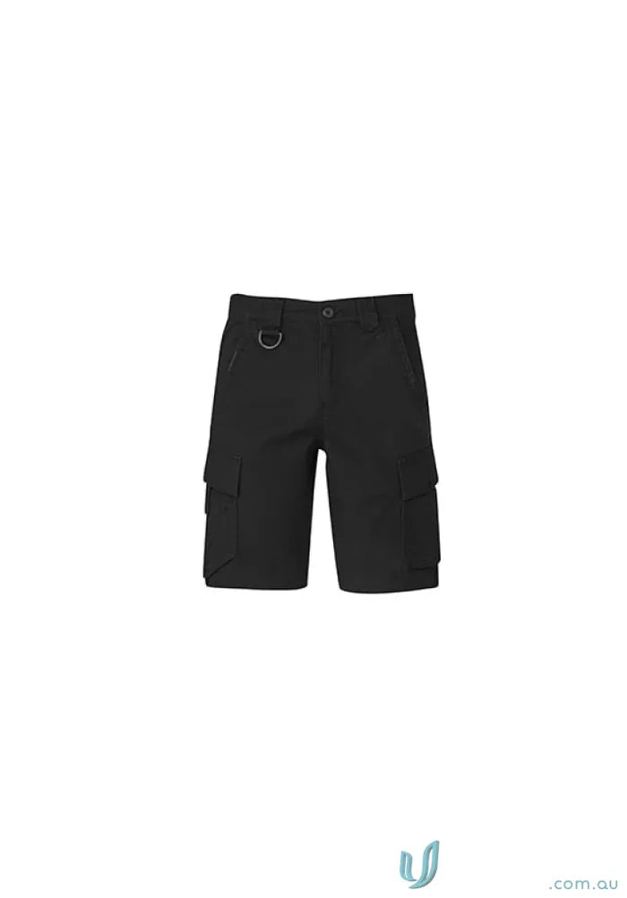 Black cargo shorts from SYZMIK Streetworx Curved Cargo for men with dedicated mobile phone pocket