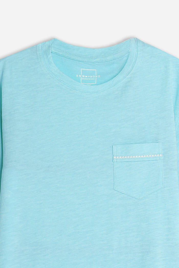 T-SHIRT GIROCOLLO SLUB  CON TASCHINO CELESTE