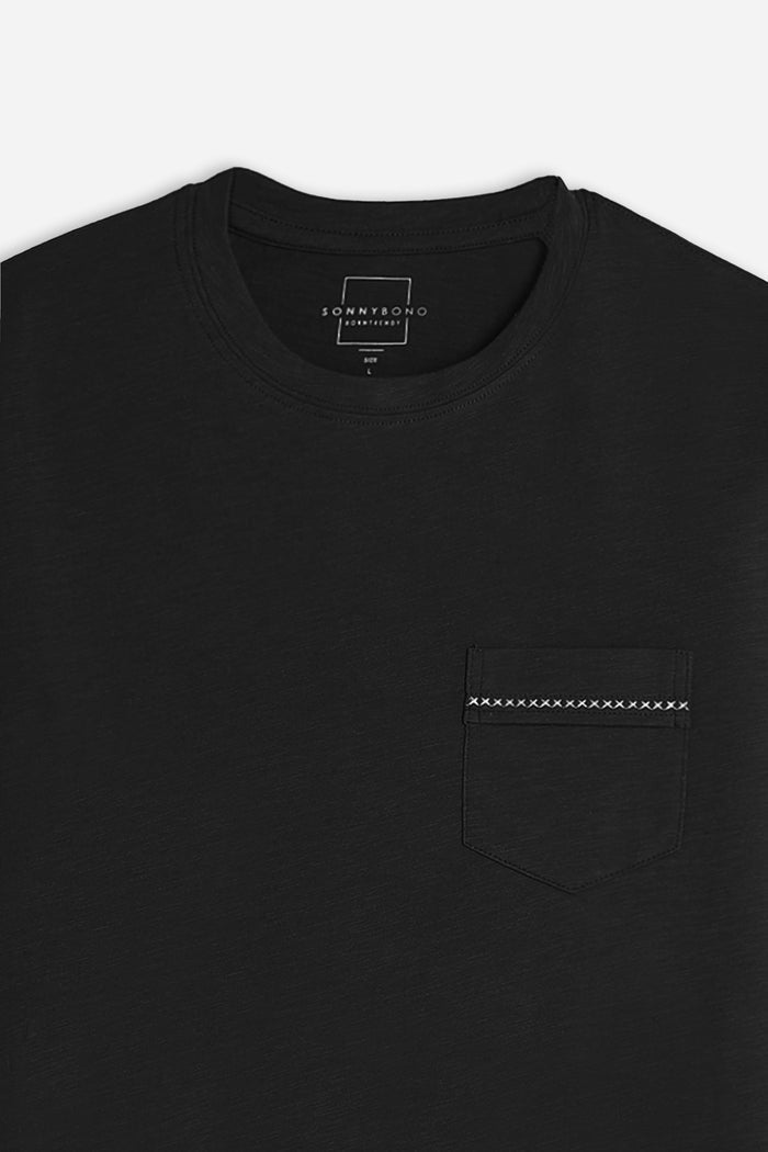 T-SHIRT GIROCOLLO SLUB  CON TASCHINO NERO