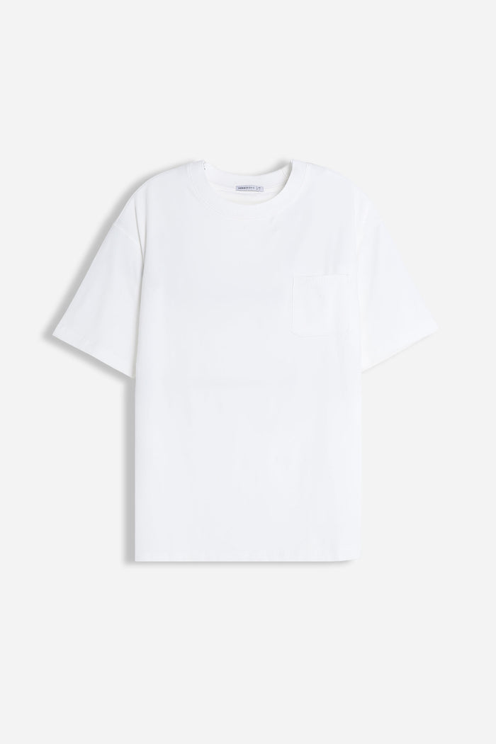 T-SHIRT GIROCOLLO STRETCH CON COLLO E TASCHINO A COSTINE BIANCO