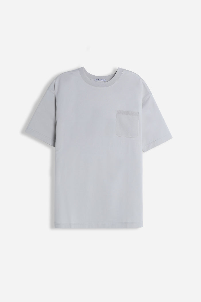 T-SHIRT GIROCOLLO STRETCH CON COLLO E TASCHINO A COSTINE GRIGIO GHIACCIO
