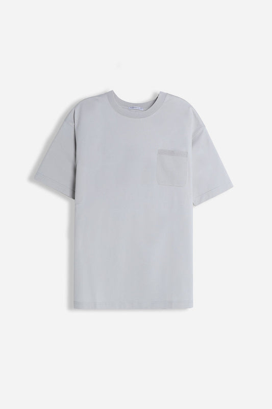 T-SHIRT GIROCOLLO STRETCH CON COLLO E TASCHINO A COSTINE GRIGIO GHIACCIO