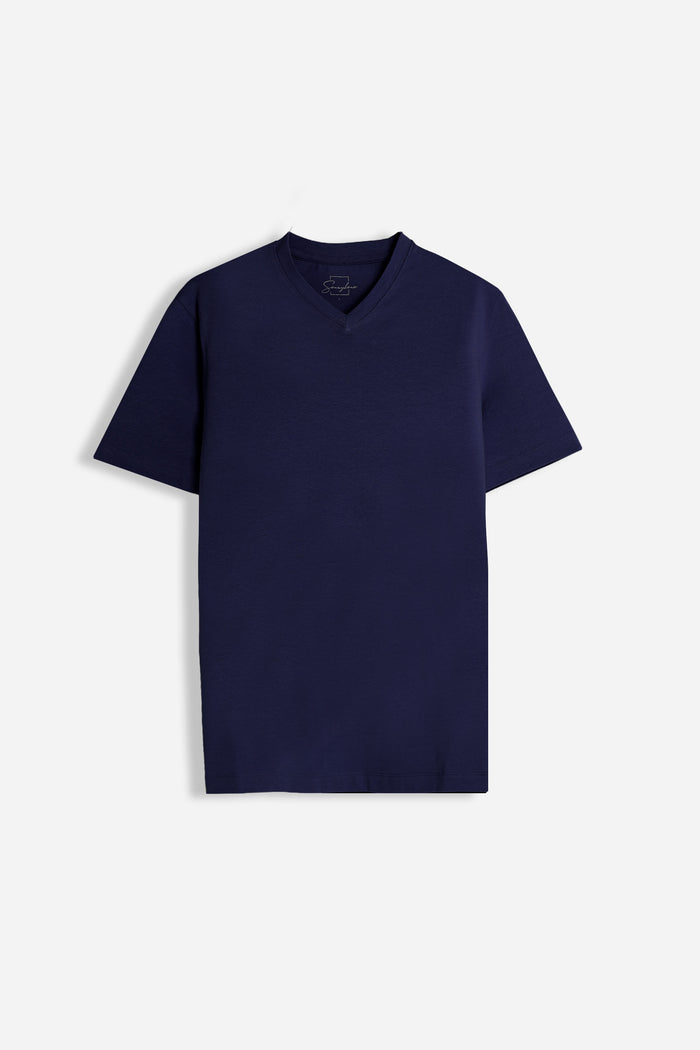 T-SHIRT SCOLLO A V BASIC STRETCH BLEU