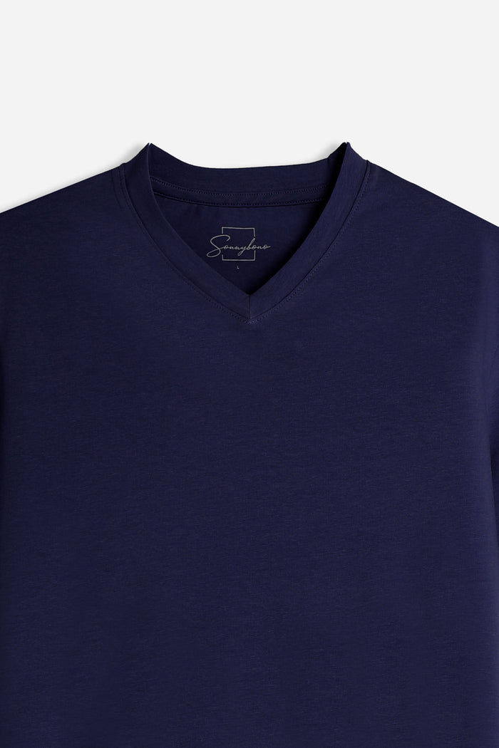 T-SHIRT SCOLLO A V BASIC STRETCH BLEU