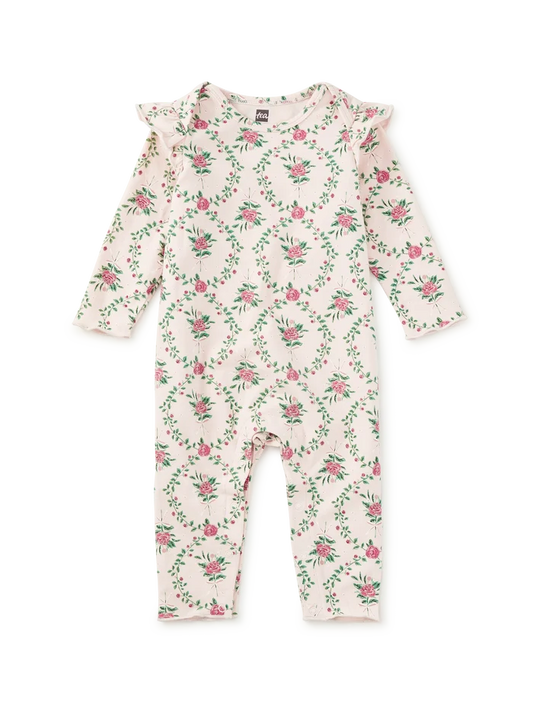 Tea Collection Ruffle Shoulder Baby Romper in Wallpaper Floral