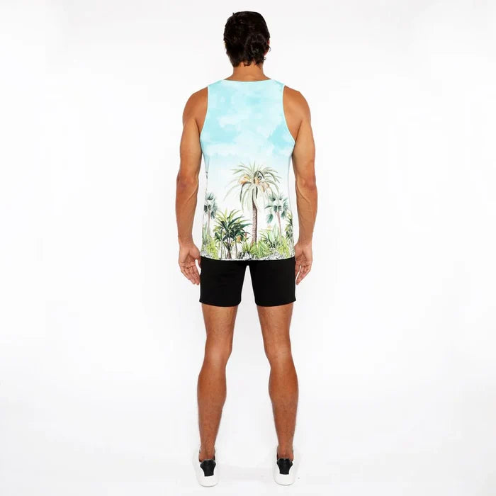 Teal/Green Palm Trees Printed Stretch Mesh Tank Top St-11136