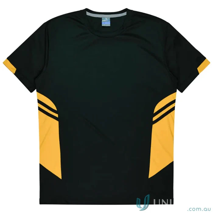 Black and gold athletic Tasman Tee made with quality fabric, perfect for uniforms and workwear