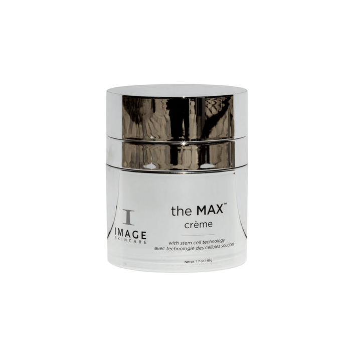Jar of the MAX™ crème | IMAGE Skincare with reflective silver lid and white body, designed for advanced skincare using stem cell technology.