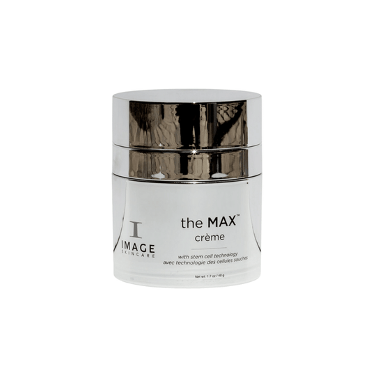 Jar of the MAX™ crème | IMAGE Skincare with reflective silver lid and white body, designed for advanced skincare using stem cell technology.