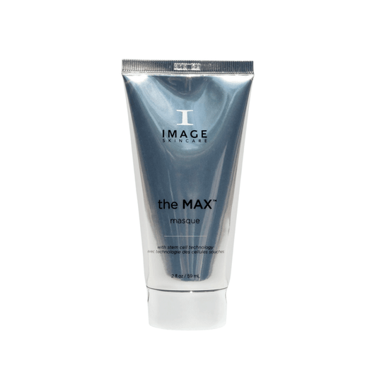 the MAX™ masque | IMAGE Skincare in a sleek silver tube, designed for advanced skincare with stem cell technology to nourish and rejuvenate the skin.