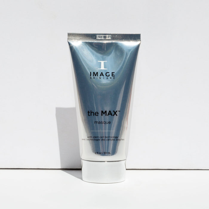 Silver and white tube of the MAX™ masque | IMAGE Skincare standing against a plain white background, featuring sleek modern packaging designed for skincare and wellness use.