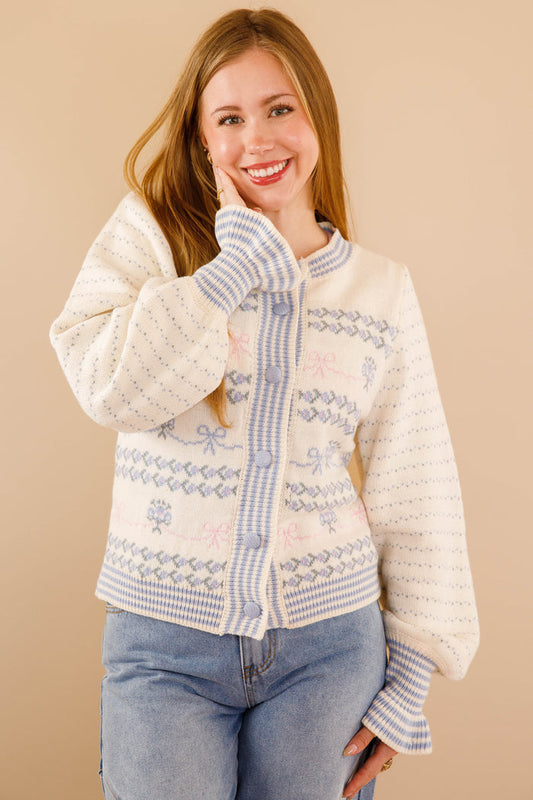 Pink and Blue Bow Knit Cardigan- Women's Ruffle Sleeve Cardigan- Blue Bells Bouquet