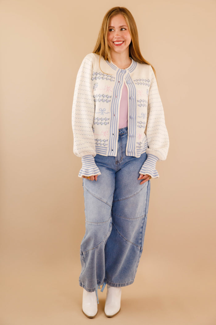 Pink and Blue Bow Knit Cardigan- Women's Ruffle Sleeve Cardigan- Blue Bells Bouquet