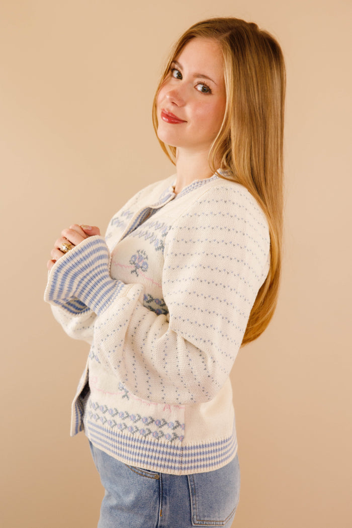 Pink and Blue Bow Knit Cardigan- Women's Ruffle Sleeve Cardigan- Blue Bells Bouquet