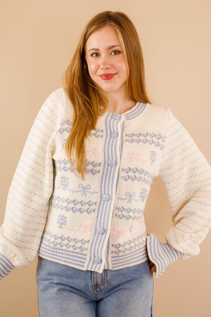 Pink and Blue Bow Knit Cardigan- Women's Ruffle Sleeve Cardigan- Blue Bells Bouquet