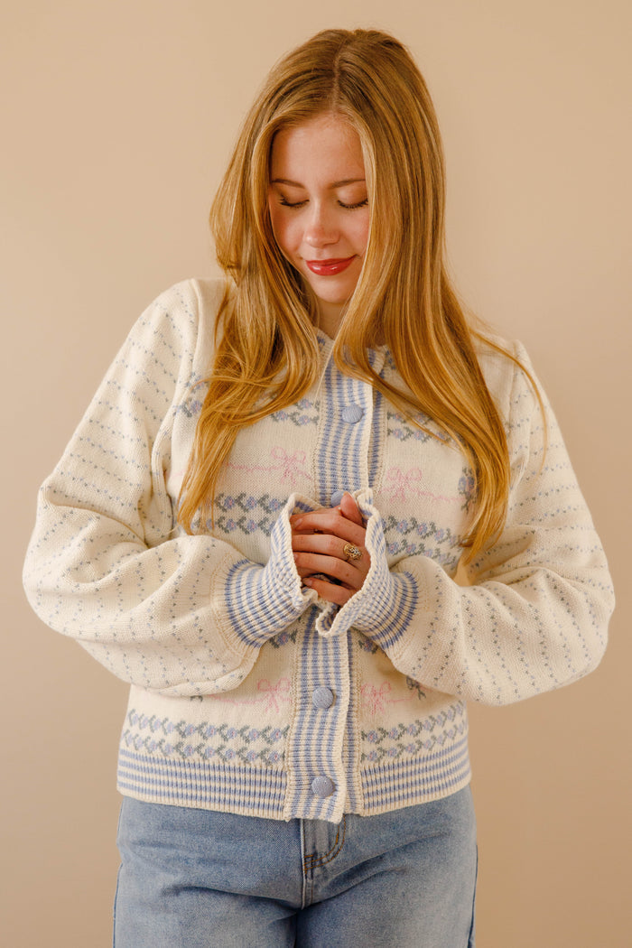 Pink and Blue Bow Knit Cardigan- Women's Ruffle Sleeve Cardigan- Blue Bells Bouquet