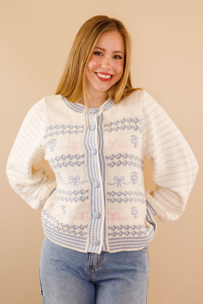 Pink and Blue Bow Knit Cardigan- Women's Ruffle Sleeve Cardigan- Blue Bells Bouquet