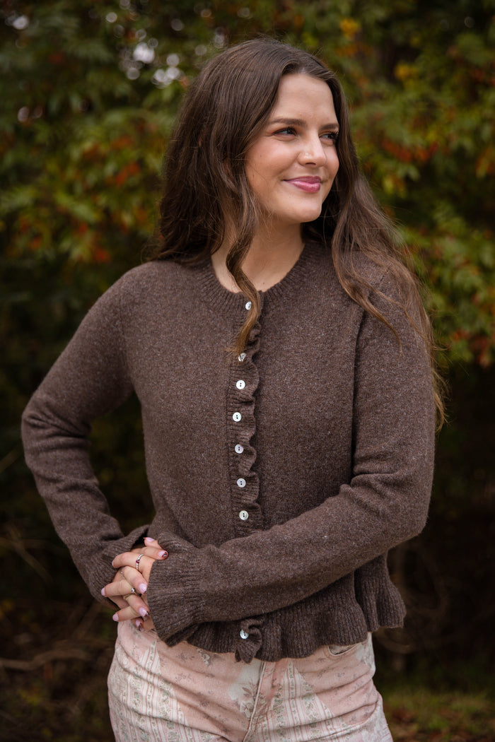 Textured Frill Detail Cardigan- Women's Brown Ruffle Cardigan- Women's Tailored Fit Cardigan