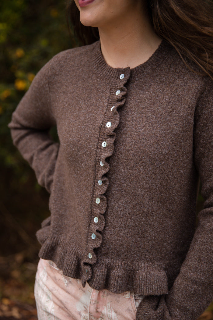 Textured Frill Detail Cardigan- Women's Brown Ruffle Cardigan- Women's Tailored Fit Cardigan