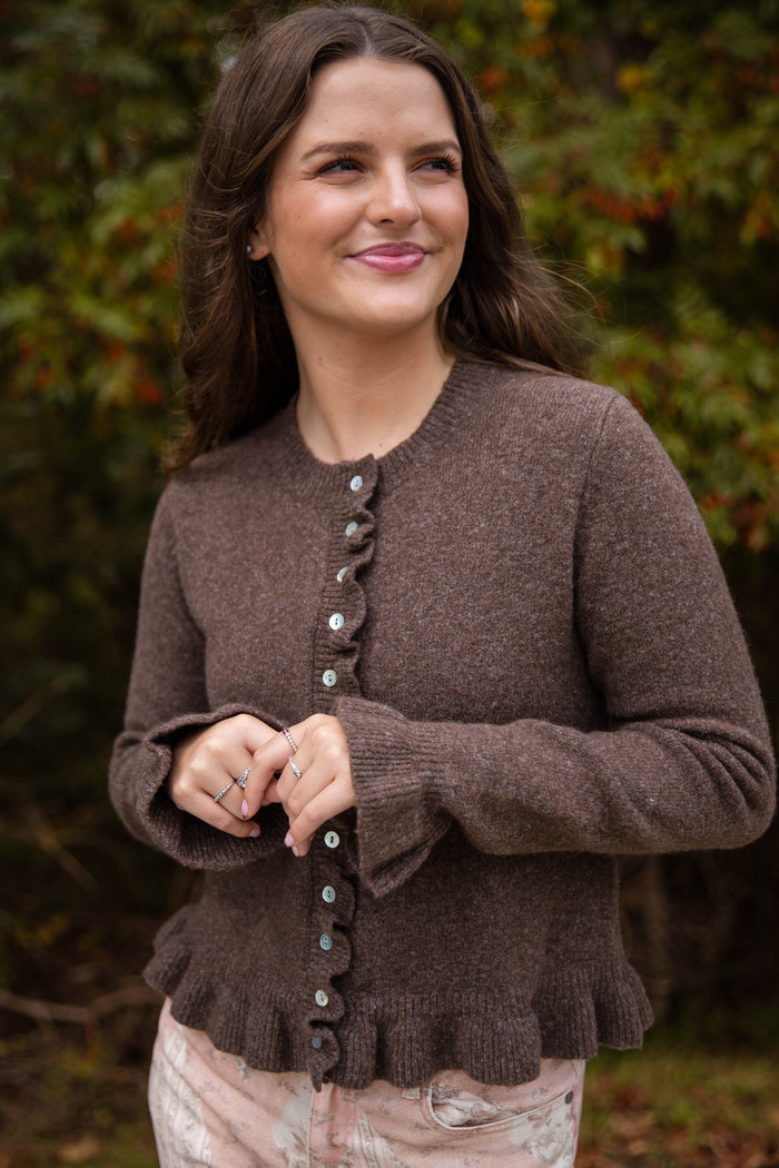 Textured Frill Detail Cardigan- Women's Brown Ruffle Cardigan- Women's Tailored Fit Cardigan