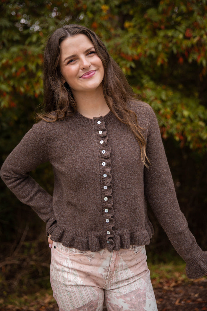 Textured Frill Detail Cardigan- Women's Brown Ruffle Cardigan- Women's Tailored Fit Cardigan