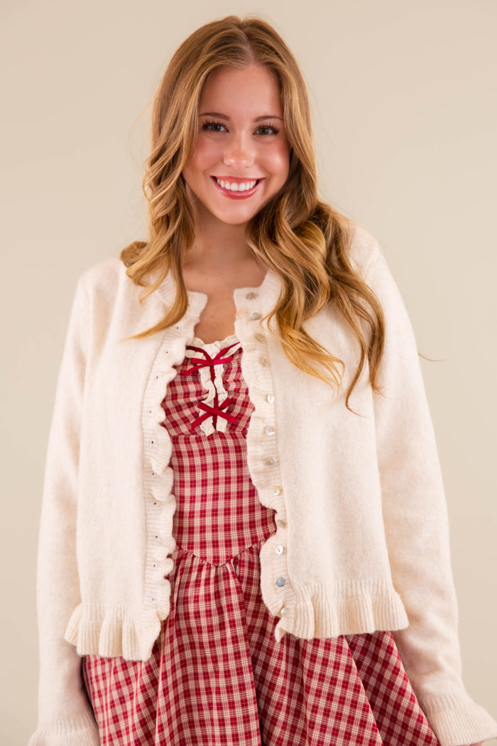 Textured Frill Detail Cardigan- Women's Ivory Ruffle Cardigan- Women's Tailored Fit Cardigan