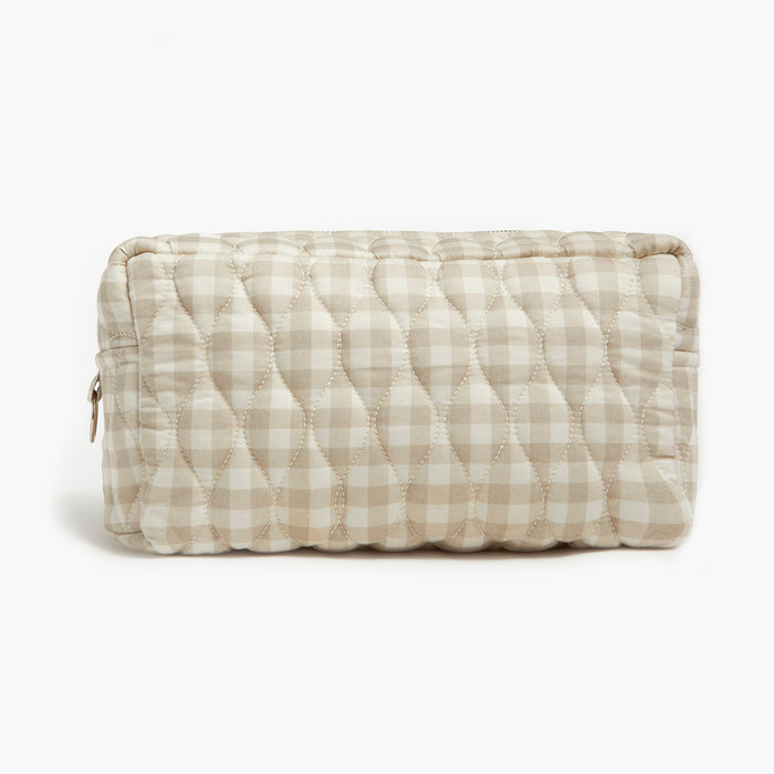 Quilted fabric pouch with a checkered pattern on a white background