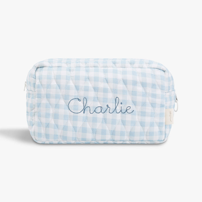 Toiletry Pouch in Blue Gingham. "Charlie" embroidered on the front.