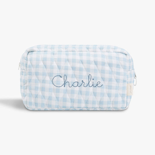 Toiletry Pouch in Blue Gingham. "Charlie" embroidered on the front.
