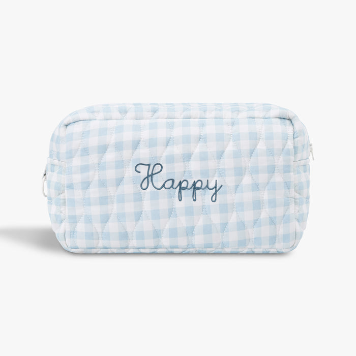 Toiletry Pouch in Blue Gingham. "Happy" embroidered on the front.